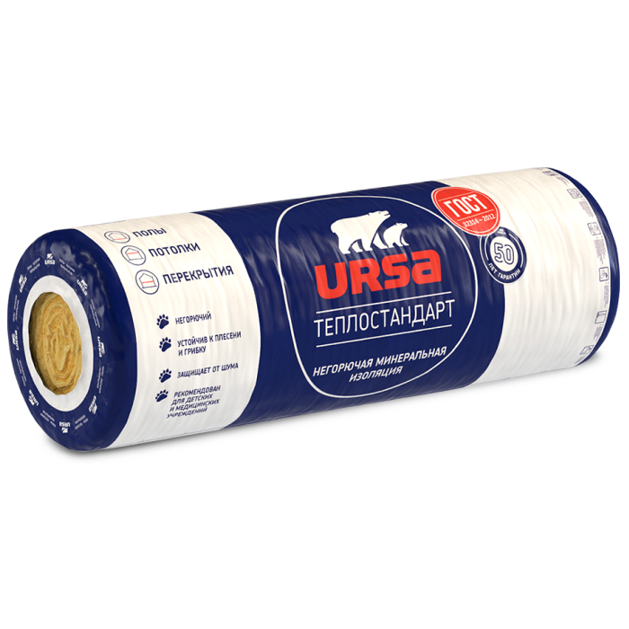 Мин. вата URSA рулон Теплостандарт (2 мата, толщ. 50 мм, 1220*10000 мм, 24,4м2) плотность 11